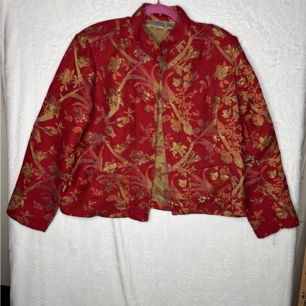 Chicos Jacket Red Gold Metallic Floral Silk Blend Vintage Sz 2